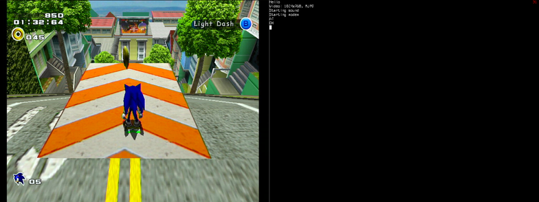 A screenshot from Sonic Adventure 2, with a debug terminal on the other half of the screen.