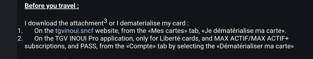 Screenshot of part of an e-mail with the sentence "I download the attachment or I dematerialise my card"