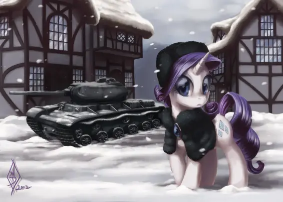 a snowy scene featuring rarity (mlpfim) in an ushanka and wool vest, a tank, and some old english style buildings (tudor style maybe? idk I dont know anything about architecture sry). drawn by whitediamonds in 2012. idk what they're up to nowadays but back in the day whitediamonds drew some great rarijack yuri you should check them out