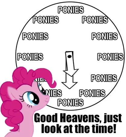 "good heavens, just look at the time!" meme with pinkie pie and an analog clock. every where on the clock just says "ponies", indicating that it is always time for ponies