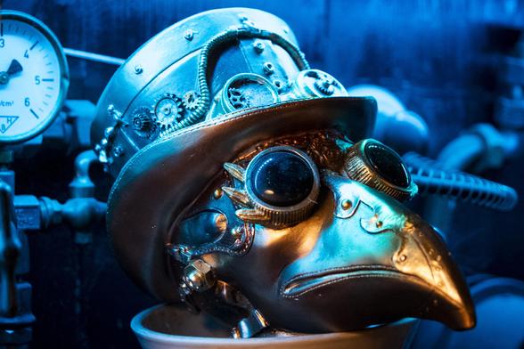 Photo of a metal bird head with tophat and goggles in steampunk style. Bird is metallic blue with yellow-gold beak.