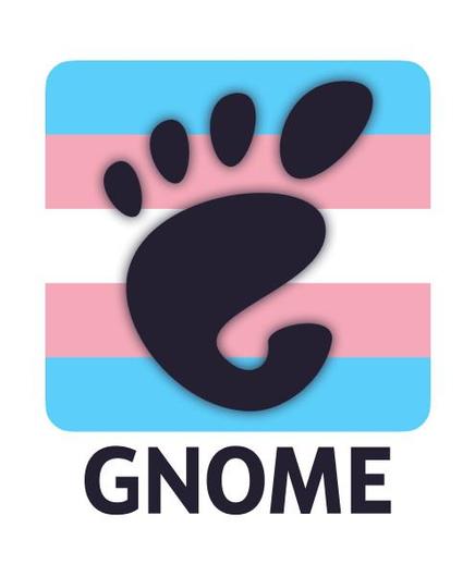 Trans GNOME logo. Trans flag is a rounded square, with black GNOME logo (foot) inside it. Foot have shadows around it.

Underneath the square there is bold text "GNOME"