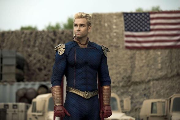 Anthony Starr as Homelander (a blond, caped superhero) in "The Boys".