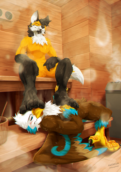 Picture of Maney in a sauna resting his feet on Icarus, who looks flustered. The scene looks hot and steamy.
