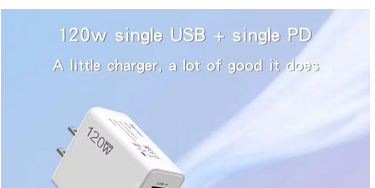 Screenshot with blue background and image of usb block charger. Above it are two lines of test: 
120w singl USB + single PD
A little charger, a lot of good it does.