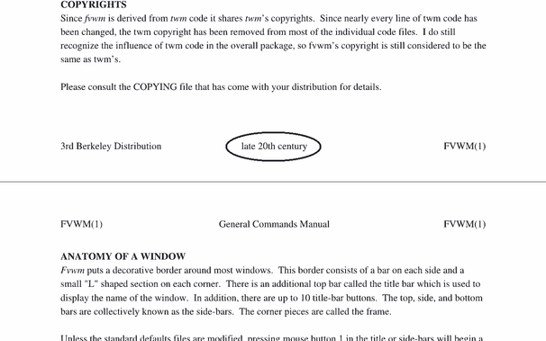 A screenshot of a PDF form of the manpage (1) fvwm where the text in the footer, "late 20th century" is circled