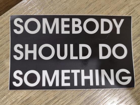A sticker with white text on a black background, saying "somebody should do something"