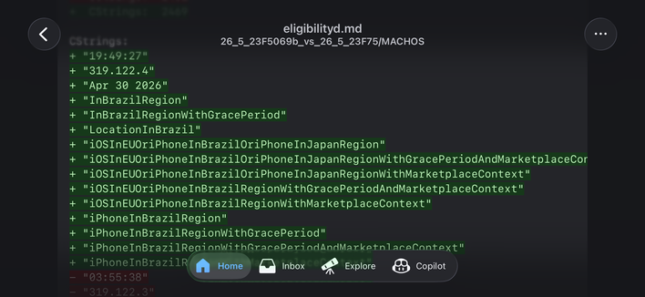 Screenshot of the GitHub app showing a diff file named “eligibility D” with several symbol names including “iOS In E U Or iPhone In Brazil Or iPhone In Japan Region”