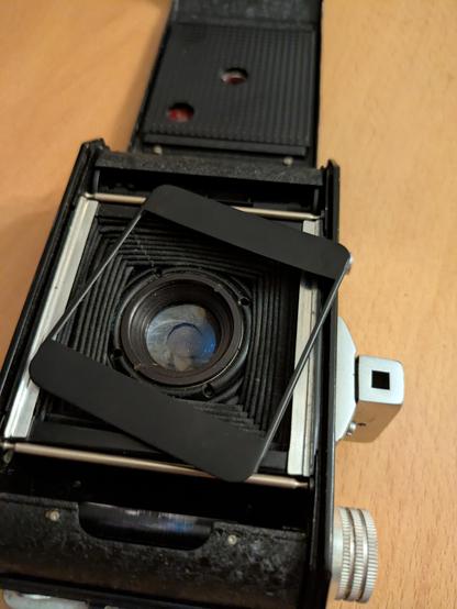 Color photo of the open back of a Weltax folding camera.