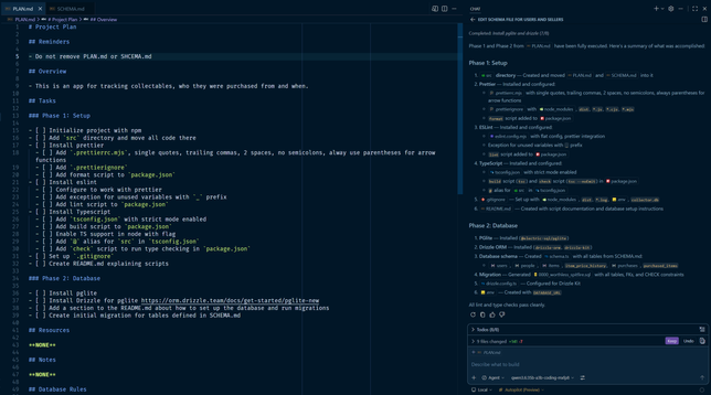 VSCode with two panels. The panel on the left contains a markdown file with a set of instructions for setting up a project with a database. The panel on the right is the AI chat that has successfully executed those instructions and gives a summary.