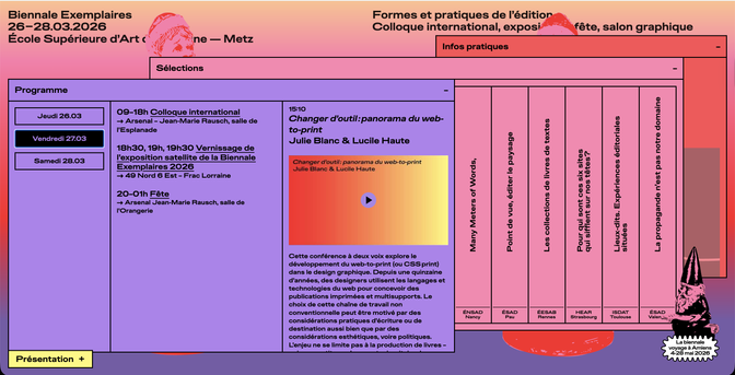 Capture d’écran du site de la biennale Exemplaires. Le site est très coloré avec des fenêtres de contenus positionnées les uns sur les autres
