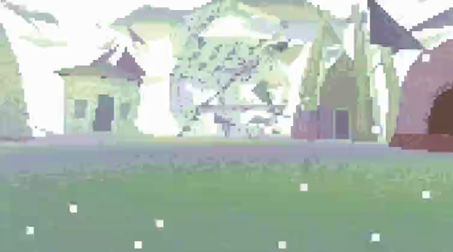 GIF depicting snow game. Character is looking around the DREAM area which is a congregation of several buildings