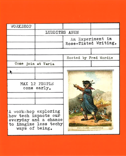 Image of a file sharing the name and description of the workshop. Red frame around black and white text and file cells. In the bottom right, there is a colour image of a luddite illustration.
