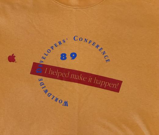 1989 Apple Worldwide Developers’ Conference employee t-shirt with “I Helped Make it Happen!” banner