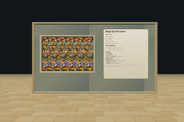 3D scene with floor and a wall, with Magic Eye image on this wall and different info about that image and about VR controls on the right part of that wall.