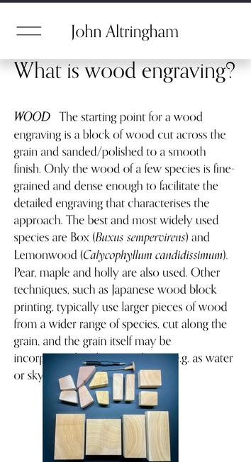 screenshot of a wep-page with a paragraph of text describing the best wood to use for wood printing, and a photograph of different kinds of wood blocks.