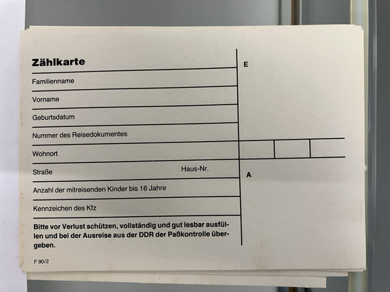 Ehemalige Zählkarte für den Transit durch die DDR nach West-Berlin