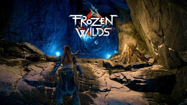 Startscreen für das DLC Frozen Worlds. Aloy in einer Höhle.