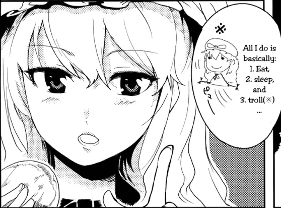 yukari yakumo saying "all I do is basically 1. eat 2. sleep and 3. troll
