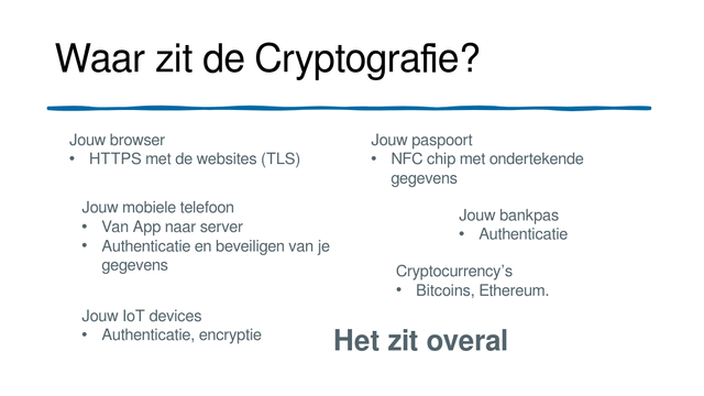 Dia uit een presentatie over cryptografie met daarin een scala aan voorbeelden waarbij cryptografie in ons dagelijks leven alom aanwezig is. In de browser, in je mobiele telefoon, in je paspoort, je bankpas, in cryptomunten....