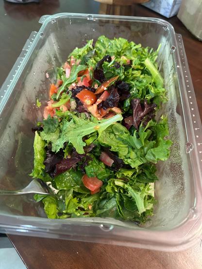 A bunch of greens and chopped tomatoes in a plastic bin