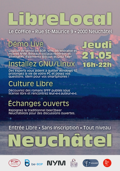 Poster for “LibreLocal” event in Neuchâtel, Switzerland, featuring a scenic mountain-and-lake background at sunset. Large pale green title text reads “LibreLocal,” with location details underneath: “Le Coffice • Rue St-Maurice 9 • 2000 Neuchâtel.”
