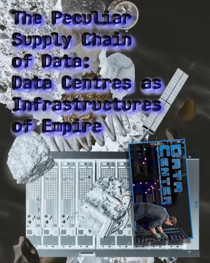 Poster depicting a server rack, a screenshot from the videogame, and a space inspired background image.