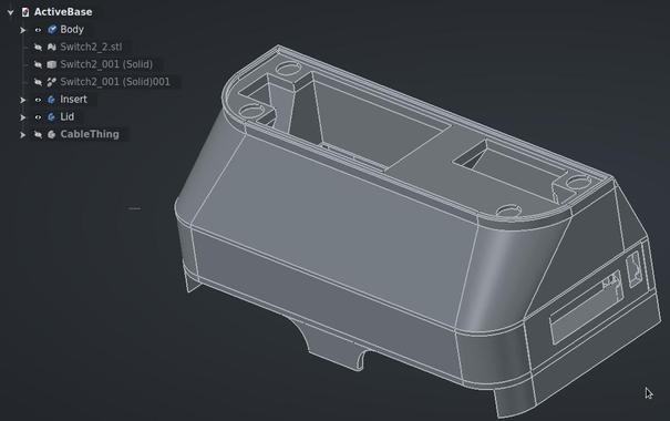 Screenshot of FreeCAD with a 3d model of a base for the Switch2 Dock