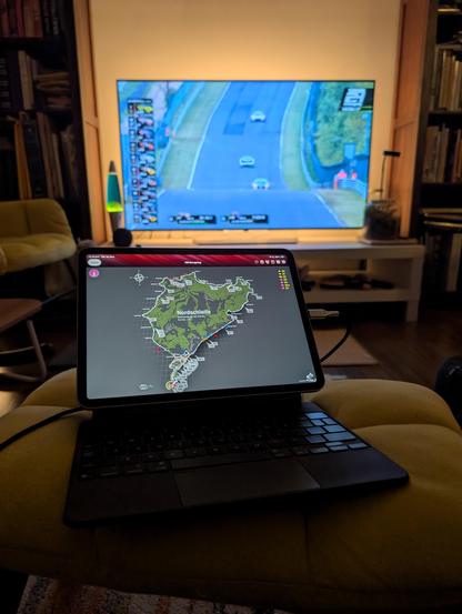 My setup for the race - an iPad running the wacky races app, and the Livestream on the TV