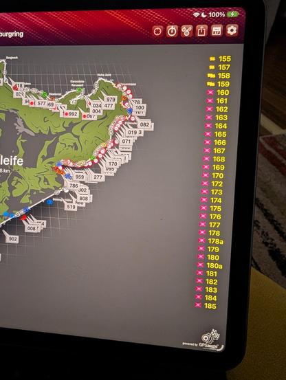 A closeup of the GPSauge app showing all the flag points running slow zones about 4 hours in