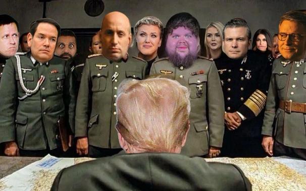 Scene from the movie "Downfall" where Hitler gets briefed aboutt Nazi-Germany's defeat, but the heads replaces with those of Trump and his administration and cronies.