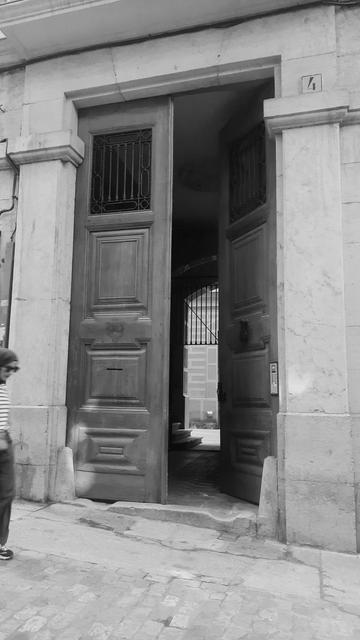 A double door into an old building,  one side open showing the sunny backyard, silhouetting a gate
