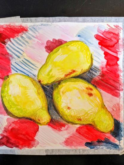 A brightly coloured painting of yellowy-green guava fruits set against a patterned background of red and blue.