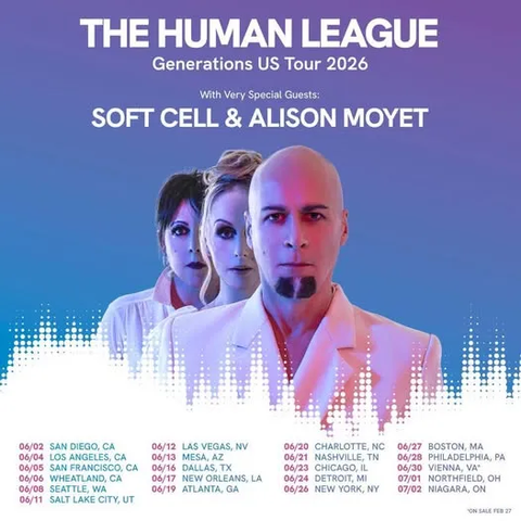 A promotional poster for "The Human League Generations US Tour 2026" featuring special guests Soft Cell & Alison Moyet. The image displays three figures against a blue and purple gradient background. In the center foreground stands a bald man in a white suit jacket who features a distinct, small, and somewhat weird-looking isolated patch of dark hair on his chin (a soul patch), contrasting with his otherwise clean-shaven face. Behind him are two women, one with dark hair and one with blonde hair. A white audio waveform graphic runs across the lower section, separating the band members from a list of tour dates and cities printed at the bottom.