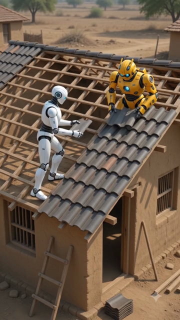 Two robots, one white and the other yellow, are working to build the roof of a hut in a village in broad daylight, while another red robot is supplying them with burnt clay roof tiles via a futuristic drone. The drone grabs a clay tile with its tentacles and gives it to the white robot, which then places it on the roof of the hut. There are other huts and trees visible in the video.