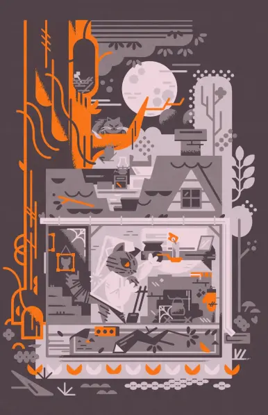2024 limited color commission

Inside a house, a cat in a night shirt and cap investigates a tree limb that has fallen through their roof. A non anthropormphic cat sits in a tree beyond their destroyed roof, basking in the moonlight.