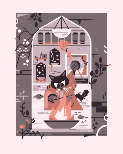 2023 limited tone fantasy pet portrait

looking in from a vine covered tower window, we see a black cat conjuring forth fire for warmth, their staff raised and their face illuminated.