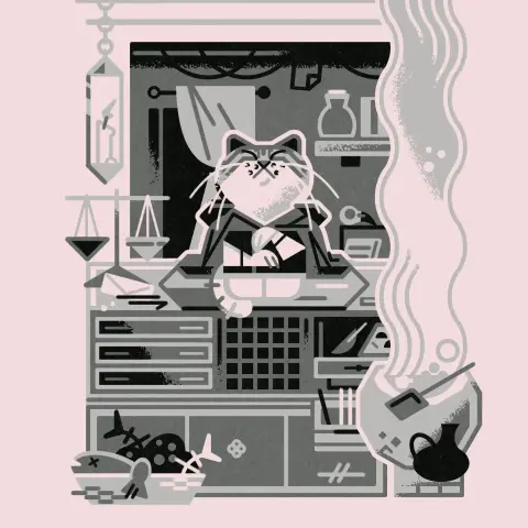 2026 limited color pet portrait commission 

In a low ceiling cellar shop, a cat sits along the stores counter on a large pillow. Next to him are scales, various alchemical ingredients, bubbling cauldrons, and a discarded pile of fish heads and skeletons in a basket. The proprietors paws are folded, and his expression suggests he thinks himself superior to the viewer.