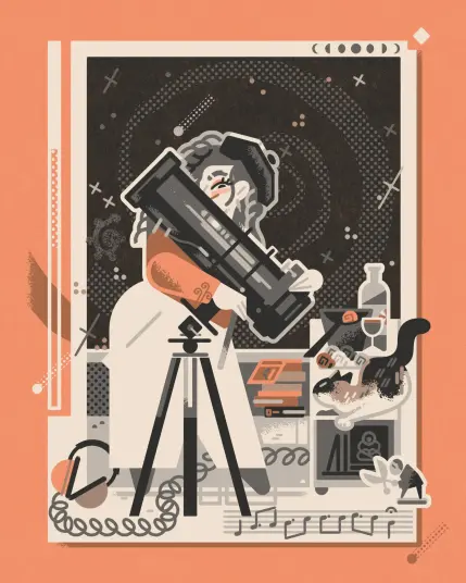 2026 limited color anniversary portrait commission

On a rooftop, a woman peers over a large telescope she embraces, to look down at the viewer and her frightened cat. Behind her stars swirl and fall. At her feet are horror game/manga figurines, headphones, tankobon, and a piece of music notation. On the same serving cart as the cat, sits a meal of snails and wine.