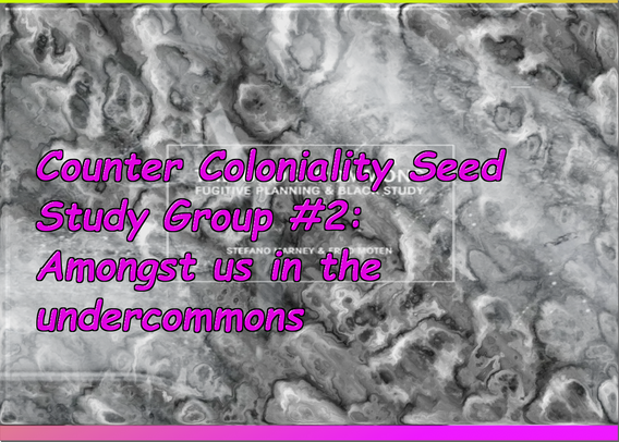 Poster for the session showing the title in hot pink. The background image is the cover of the book The Undercommons. The cover image is a grey, cloudy, marble-like composition.