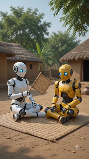 A white and a yellow robot are sitting on a hand-woven traditional mat placed on soil ground in a village. Blue lights are emitting from the eyes of both of these robots. The white robot is operating a hand-woven traditional hand fan with a bamboo handle, while the yellow robot is drinking Lassi, a yogurt-based drink, from a glass with his hands. Many green trees are visible in the background.