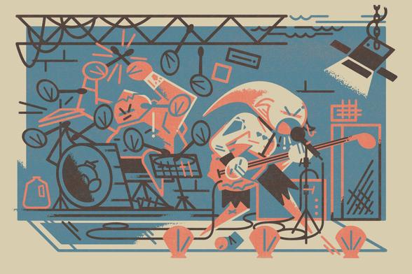 2025 limited tone zelda fan art commission 

in red and blue on a simple stage, a two piece band plays loud dumb music. A gorons hands and sticks flutter across his drumset while a zora frontman screams into a mic, clutching a horseshoe crab fashioned into a guitar.