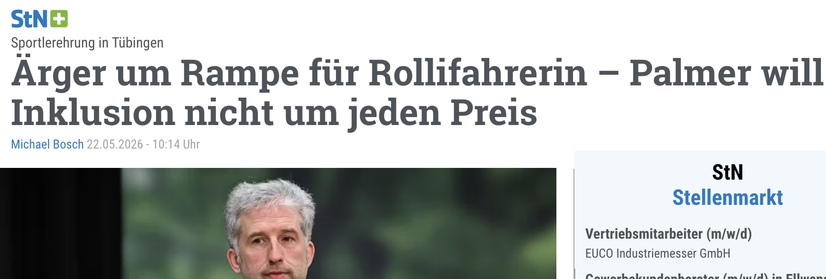 Screenshot aus den Stuttgarter Nachrichten: Arger um Rampe für Rollifahrerin - Palmer will Inklusion nicht um jeden Preis