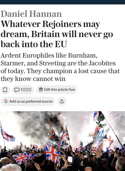 Screenshot of Daniel Hannan articles saying Europhiles can’t win
