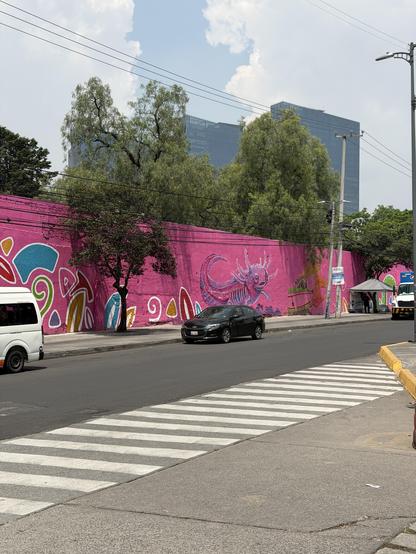 Photo of a street where a pink wall has an axolotl drawings, the street however lacks lane markers and the curb is unpainted as well.