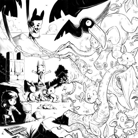 An "exquiste corpse" artwork (both left/right parts were drawn separately, with only small lines in the center to coordinate "landmarks" and continuity , a classic Surrealistic/Dadaist drawing collab game):

Left part, the part of Gynux featuring a clan of Rabbits in a sort of temple lost in the jungle; an adventurer hides behind a rock to try to snap a photo of Three rabbits who are tickling a young boy who is laughing. A panel on the floor: caution Rabbits is here, and up hanging in the vines a rabbit with a blowpipe, ready to defend the place. The contrast and definition is high. 

Right part, the part of David Revoy, with many animals randomly drawn without references: a cross mix of possum-mouses, butterflies, an happy firefox, an elephant jumping, a bat cuddling a sort of spiral plant, and a black bird mixed between a crow and a toucan and on bottom a sort of home made marsupial. A big improv, with a thick textured line, post contrasted.