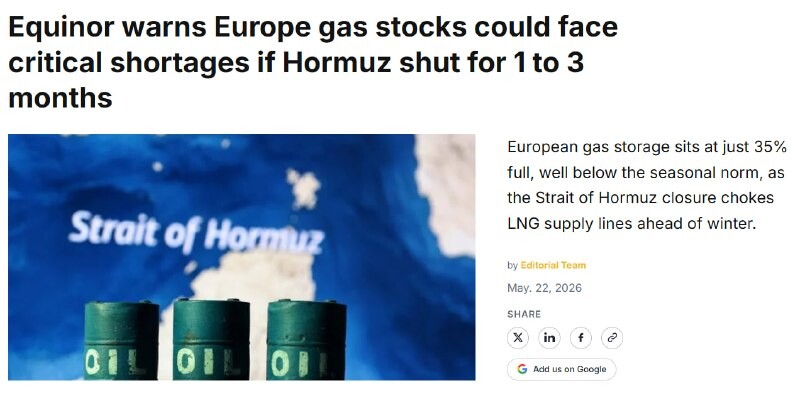 🇳🇴Norwegian state-controlled energy giant Equinor has warned that #Europe could face a serious and potentially critical gas supply #crisis if the closure of the Strait of #Hormuz persists for one to three months 👍Good. FAFO does work.
