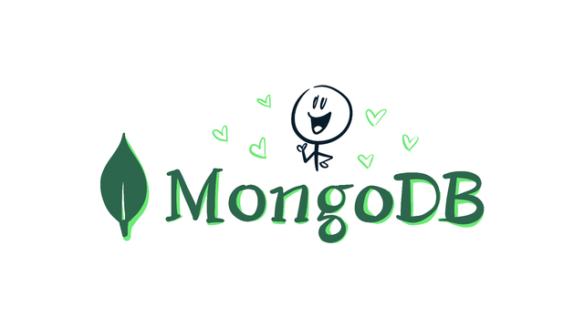 Hand-drawn illustration of the MongoDB logo with a smiling, thumbs-up character surrounded by green hearts.