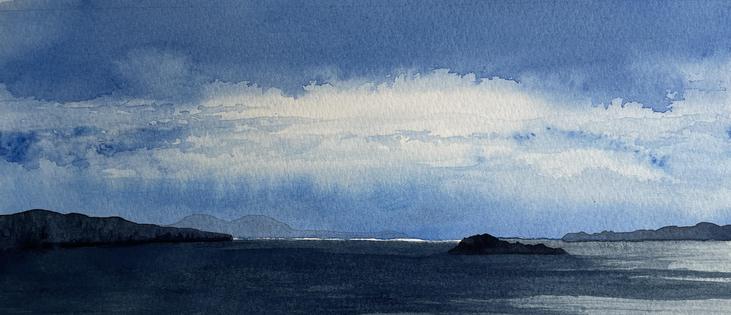 Watercolour - dark blue sea under a dark blue, broken, cloudy sky. With headlands and islands.