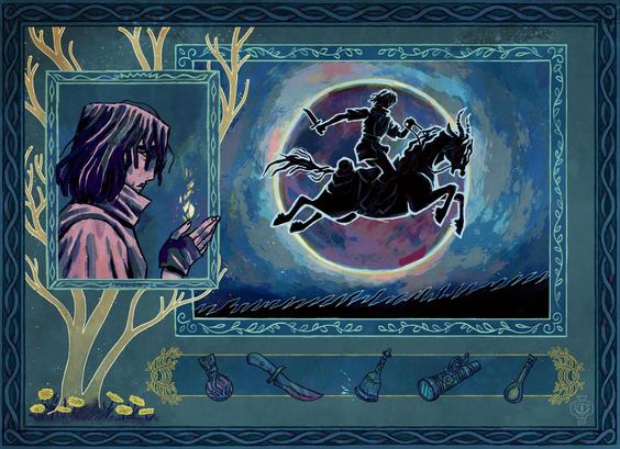 An Elden Ring illustration with several smaller illustrations within. On the left side of the illustration is a Tarnished, gazing down on the fading guidance of grace. On the right side of it they are seen hurtling through the night sky atop of Torrent, behind them a darkened moon. Below this small illustrations are several items from the game. And on the left side too is a small golden tree, at its roots sprouting yellow flowers.